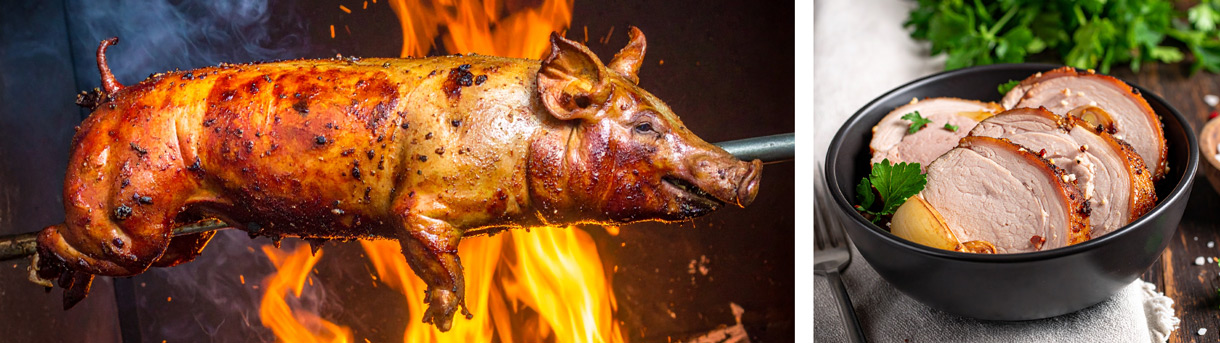 Ein Spanferkel auf dem Grill und Bratenscheiben in einer Schüssel